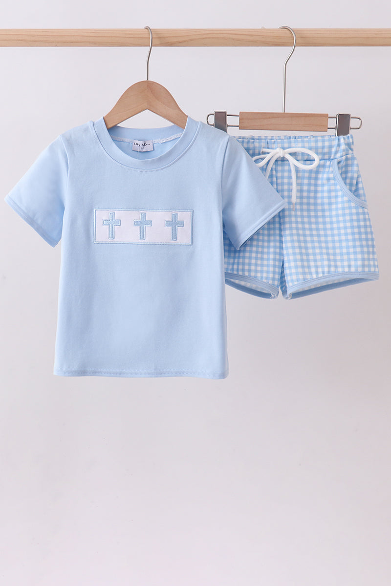 Blue Cross Embroidered Gingham Shorts Set