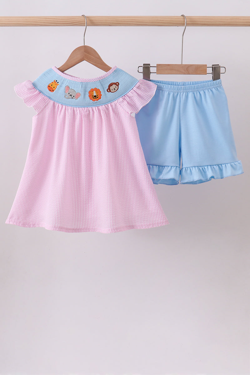 Seersucker Animal Smocked Shorts Set