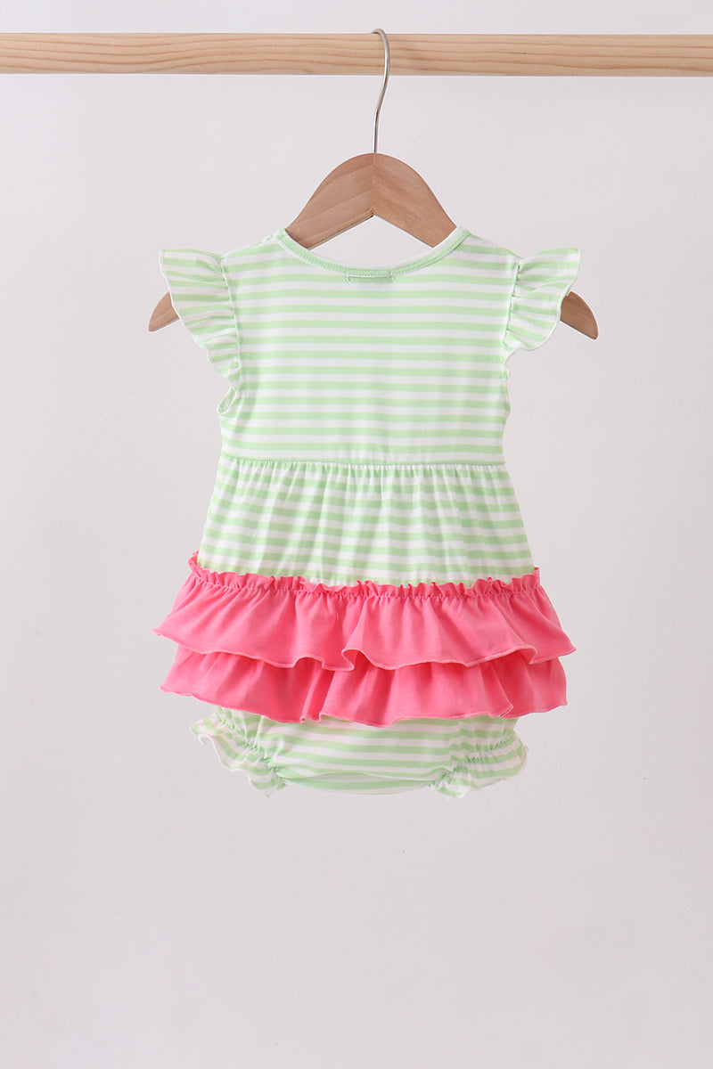 Green Watermelon Applique Ruffle Stripe Bubble