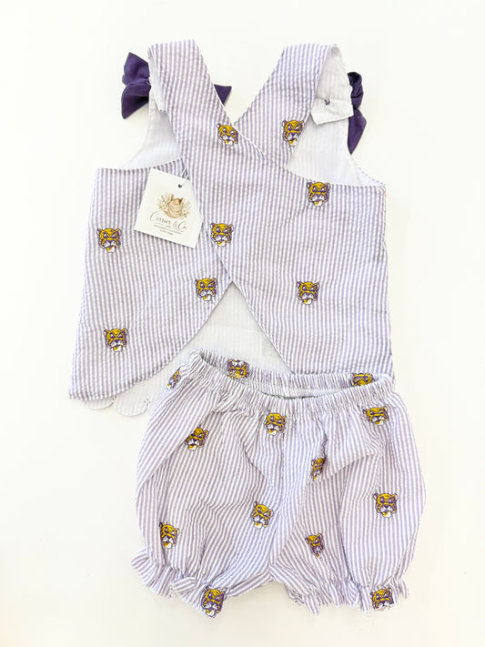Tigers Embroidered Seersucker Bloomer Set