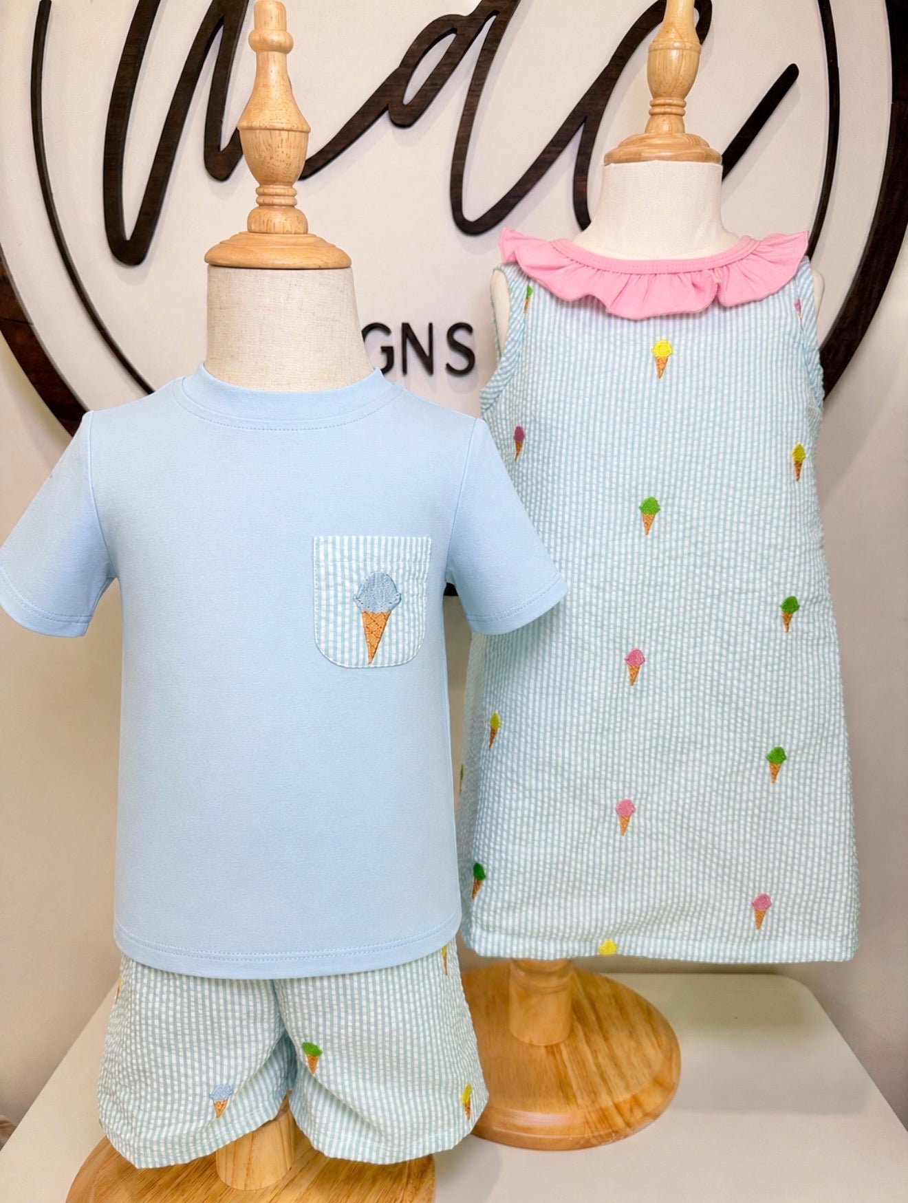 Ice Cream Embroidered Seersucker Shorts Set