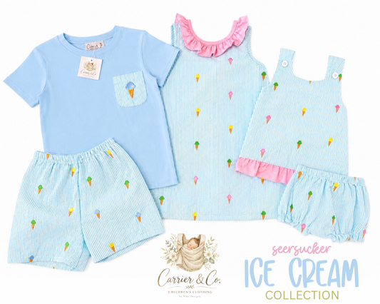 Ice Cream Embroidered Seersucker Shorts Set