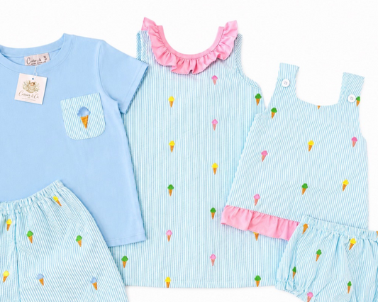 Ice Cream Embroidered Seersucker Shorts Set