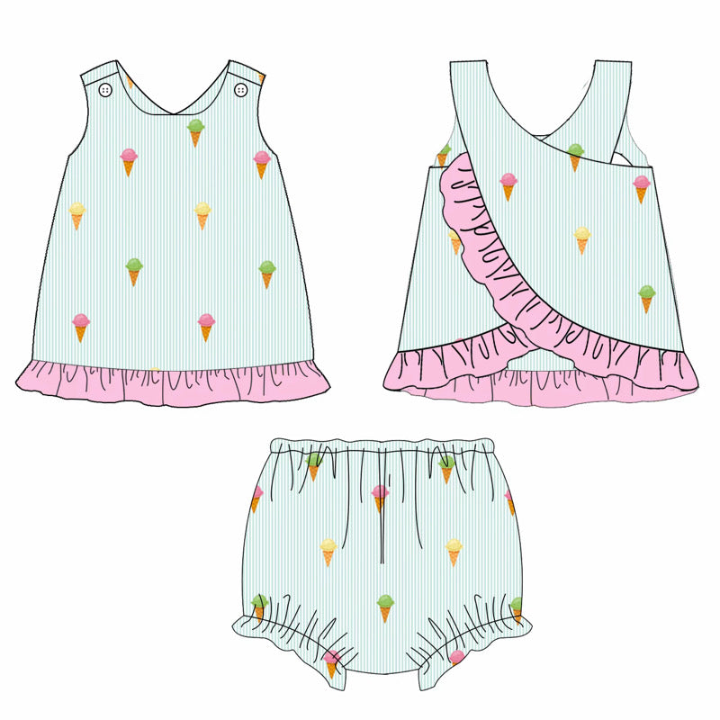 Ice Cream Embroidered Seersucker Bloomer Set