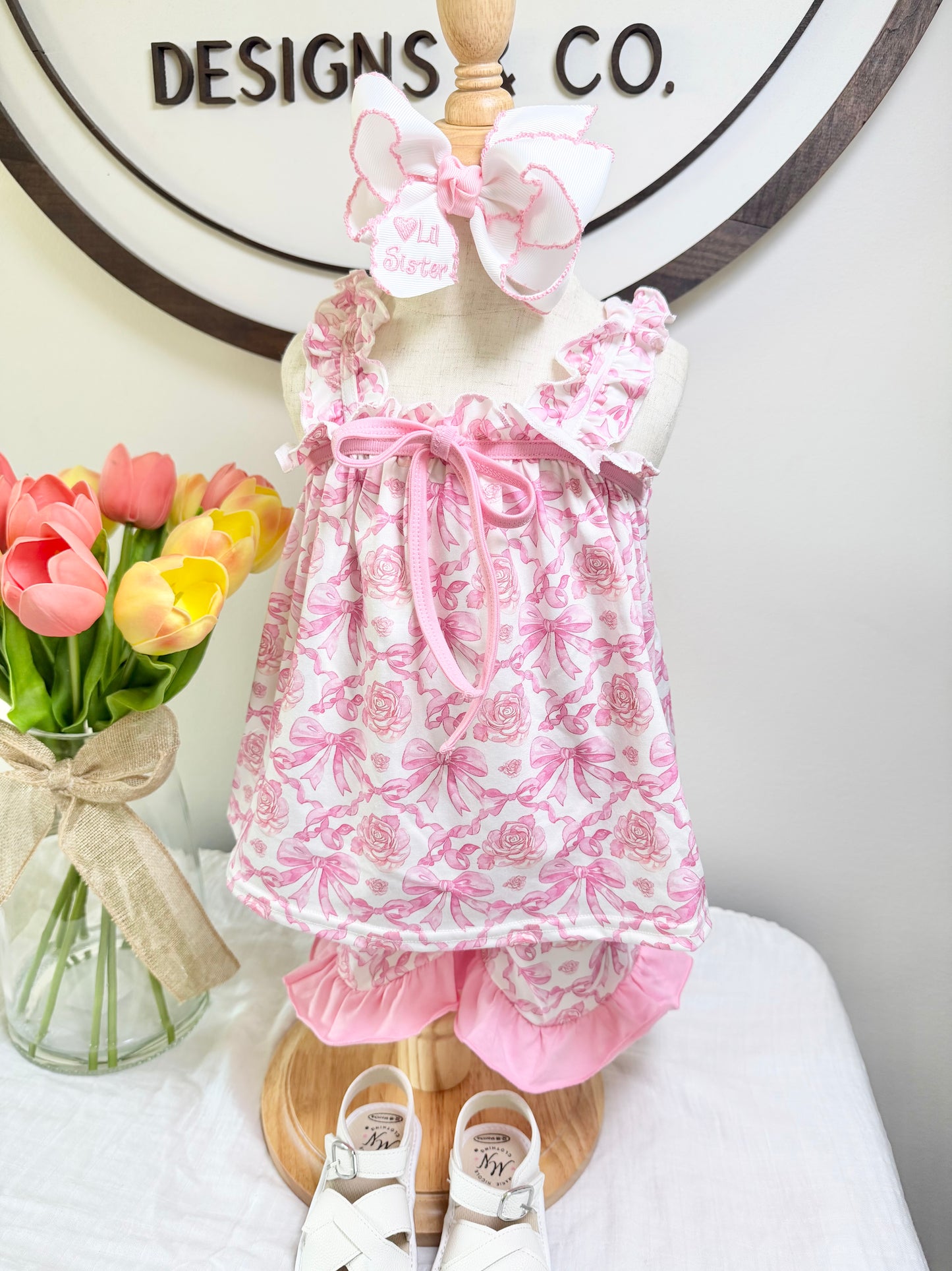 Pink Floral & Bow Ruffle Shorts Set