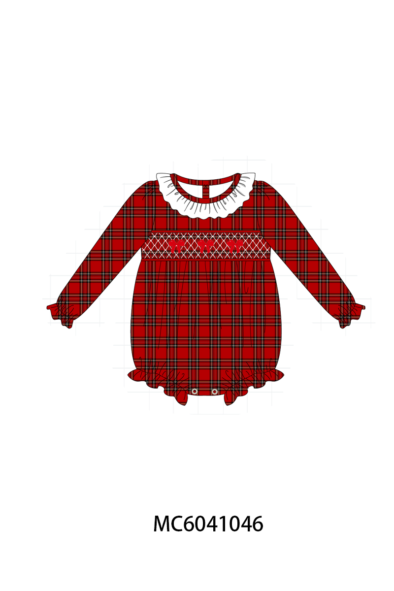 Red Plaid Bow Smocked Bubble