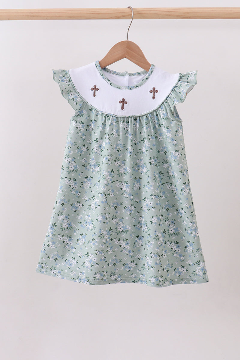 Sage Floral Cross Embroidery Ruffle Dress