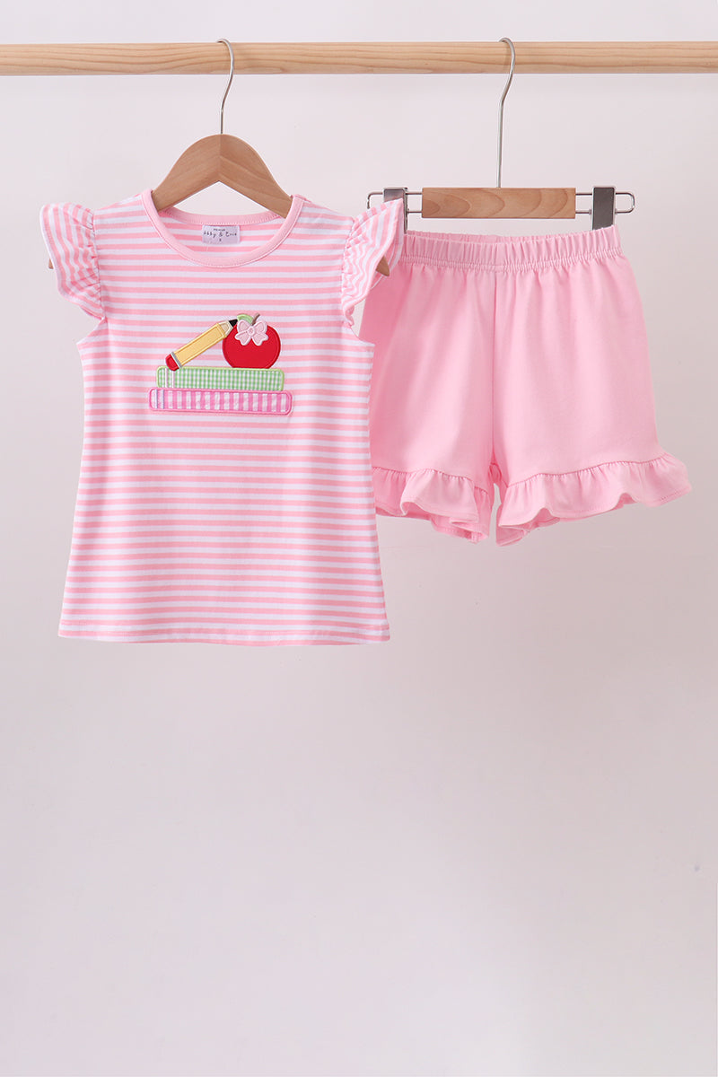 Apple & Pencil Appliqué Ruffle Shorts Set