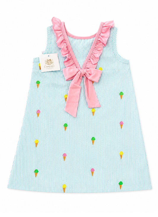 Ice Cream Embroidered Seersucker Dress