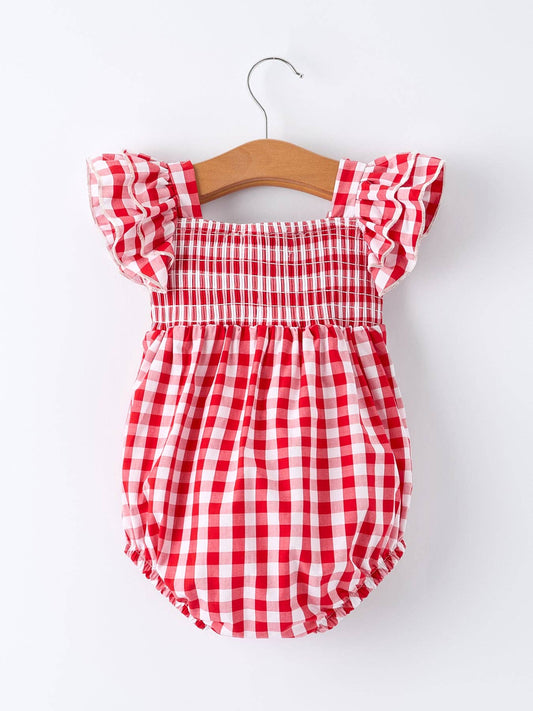 Red Gingham Smocked Ruffle Bubble