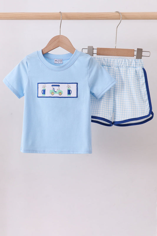 Blue Golf Cart Smocked Shorts Set