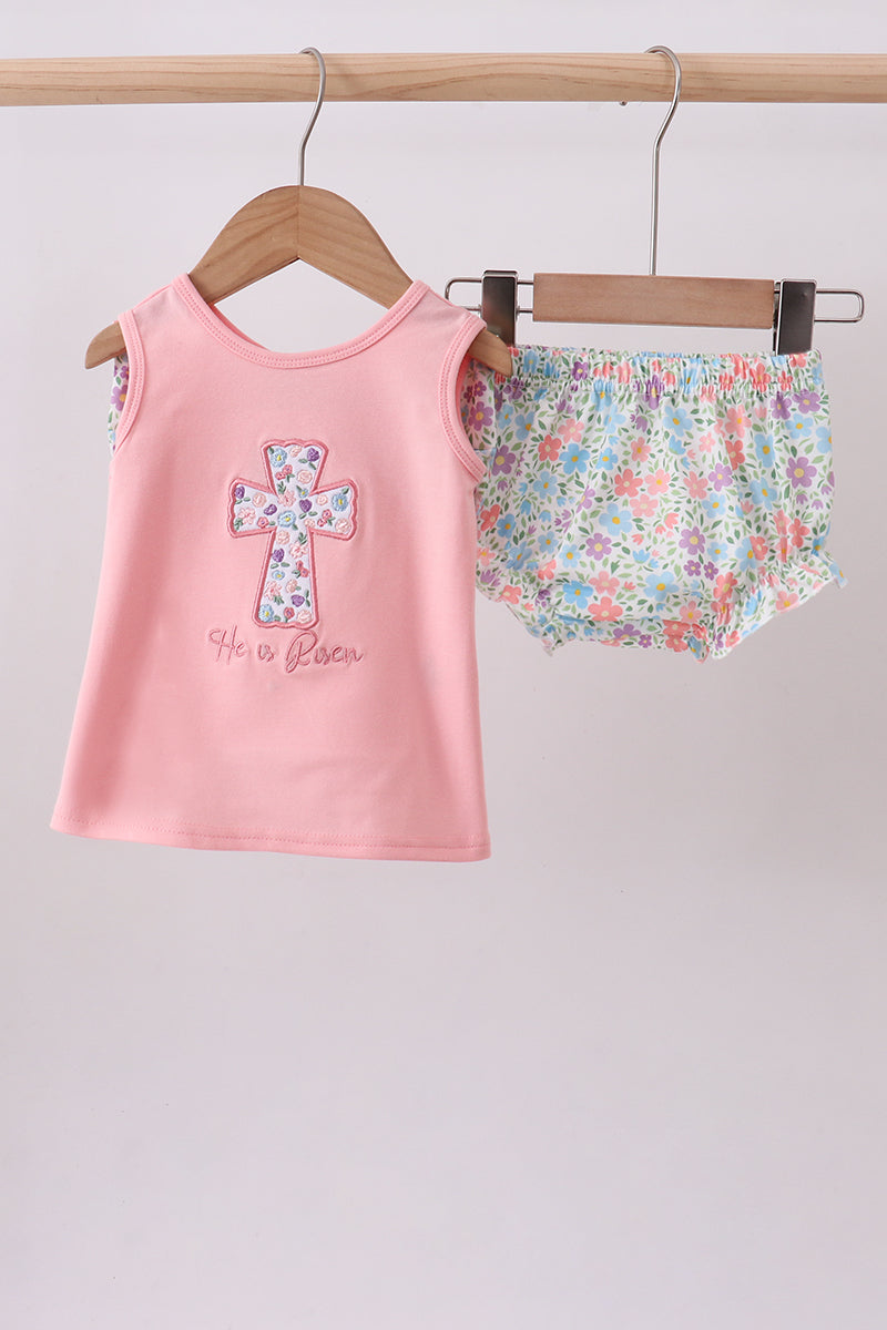 Floral Cross Embroidery Ruffle Bloomer Set