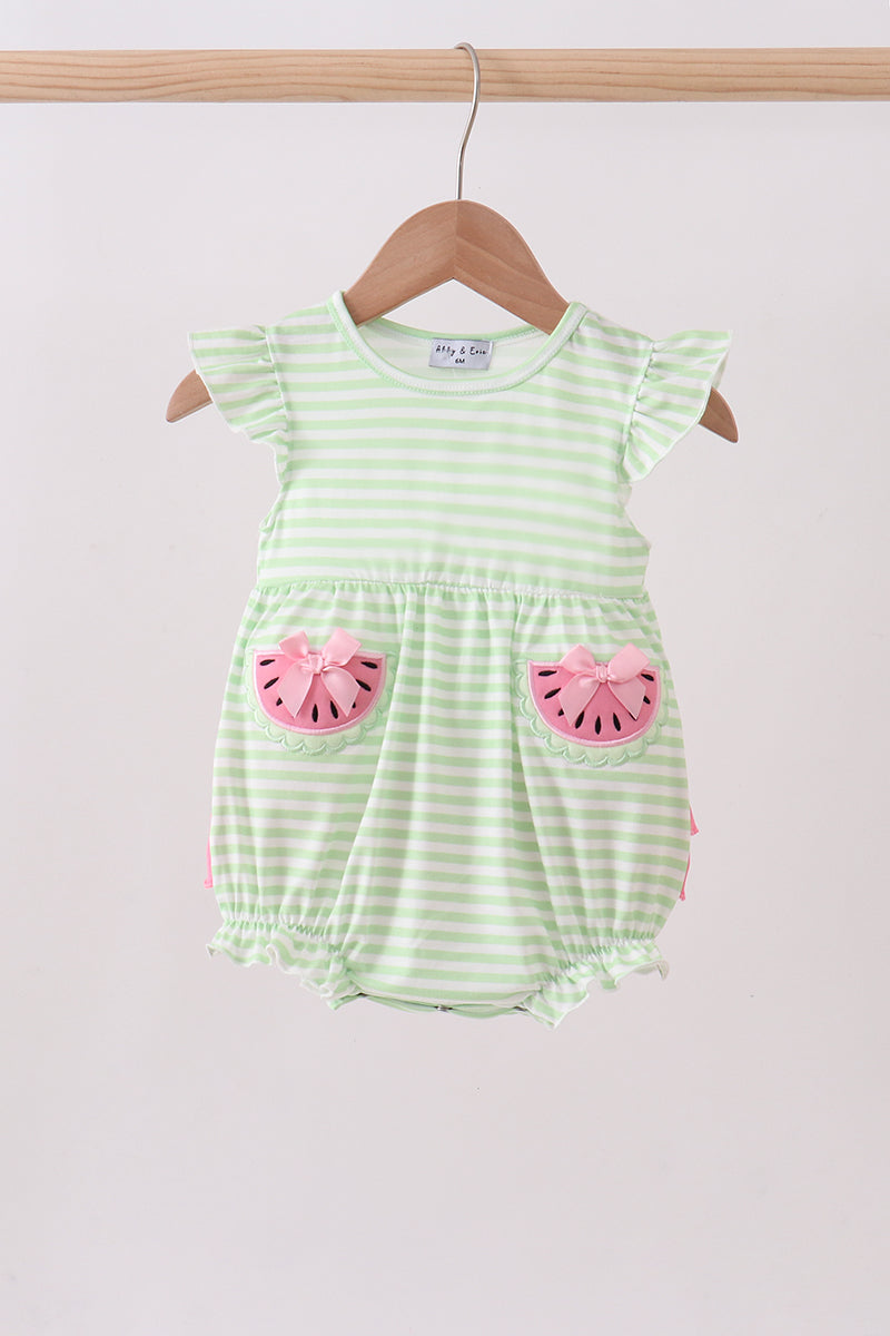 Green Watermelon Applique Ruffle Stripe Bubble