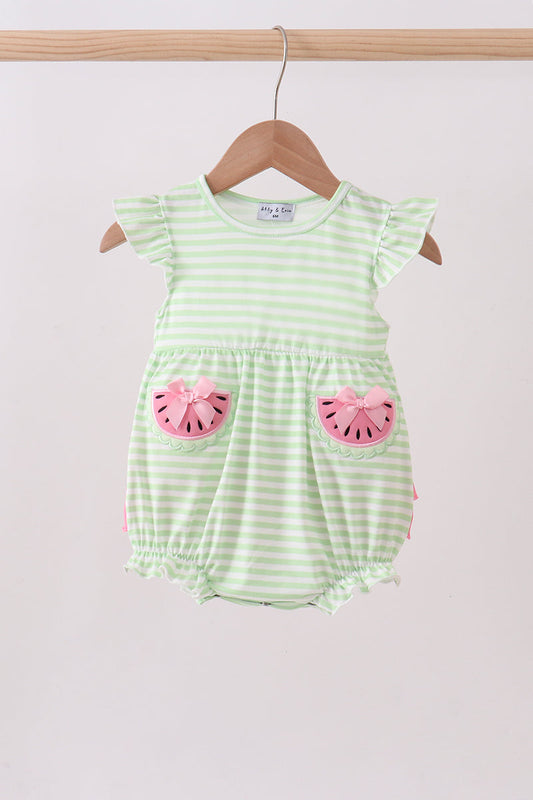 Green Watermelon Applique Ruffle Stripe Bubble
