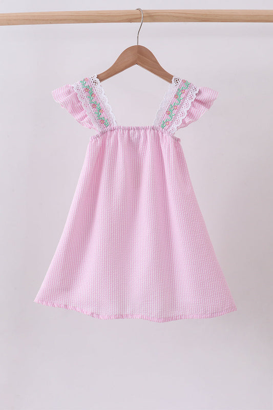Seersucker Embroidered Ruffle Dress