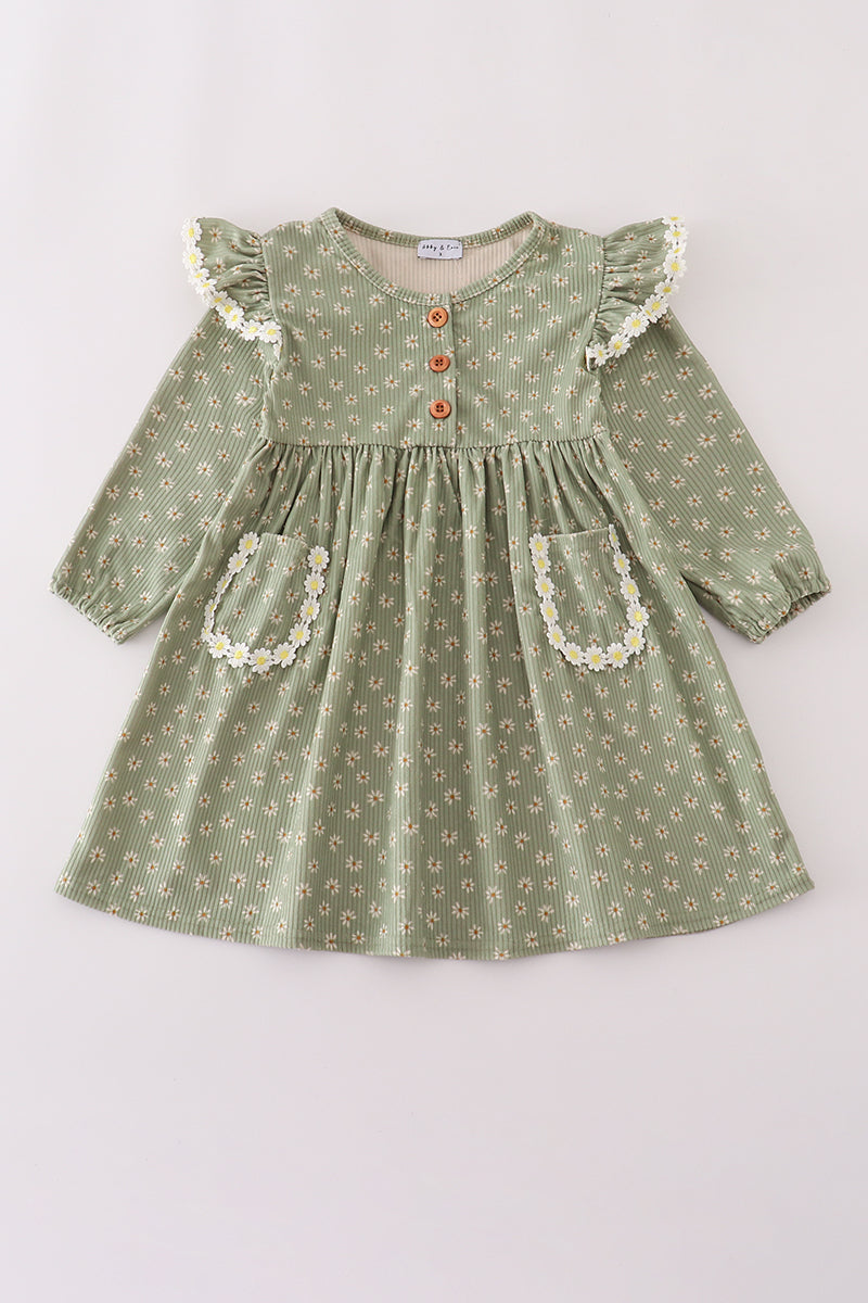 Corduroy Floral Lace Ruffle Dress