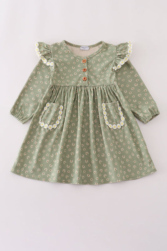 Corduroy Floral Lace Ruffle Dress