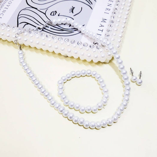 Kids Faux Pearl Necklace Bracelet Earrings Set