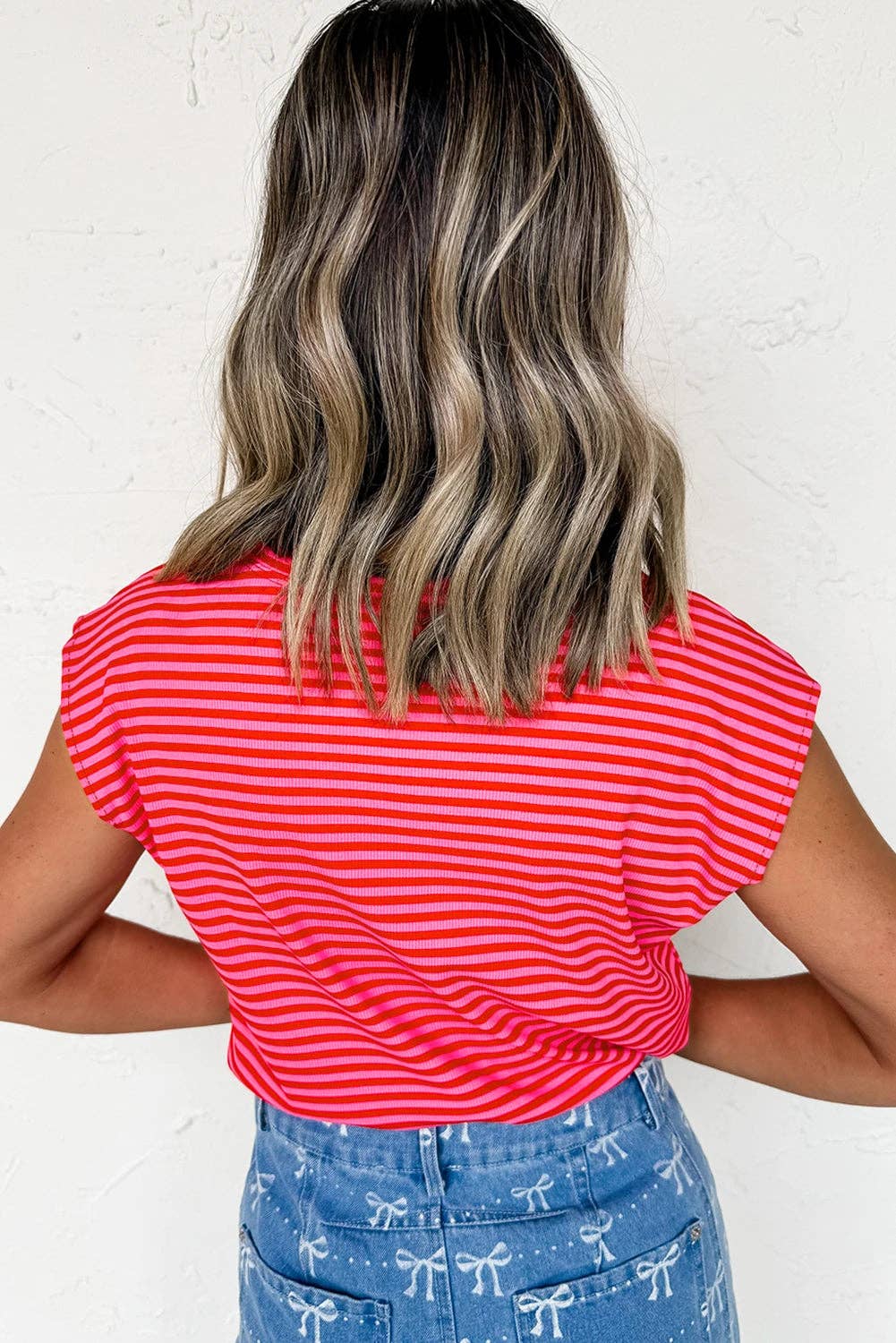 Red Stripe Sequin America Letter Patch Cap Sleeve Top