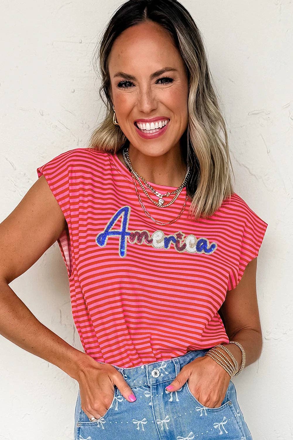 Red Stripe Sequin America Letter Patch Cap Sleeve Top