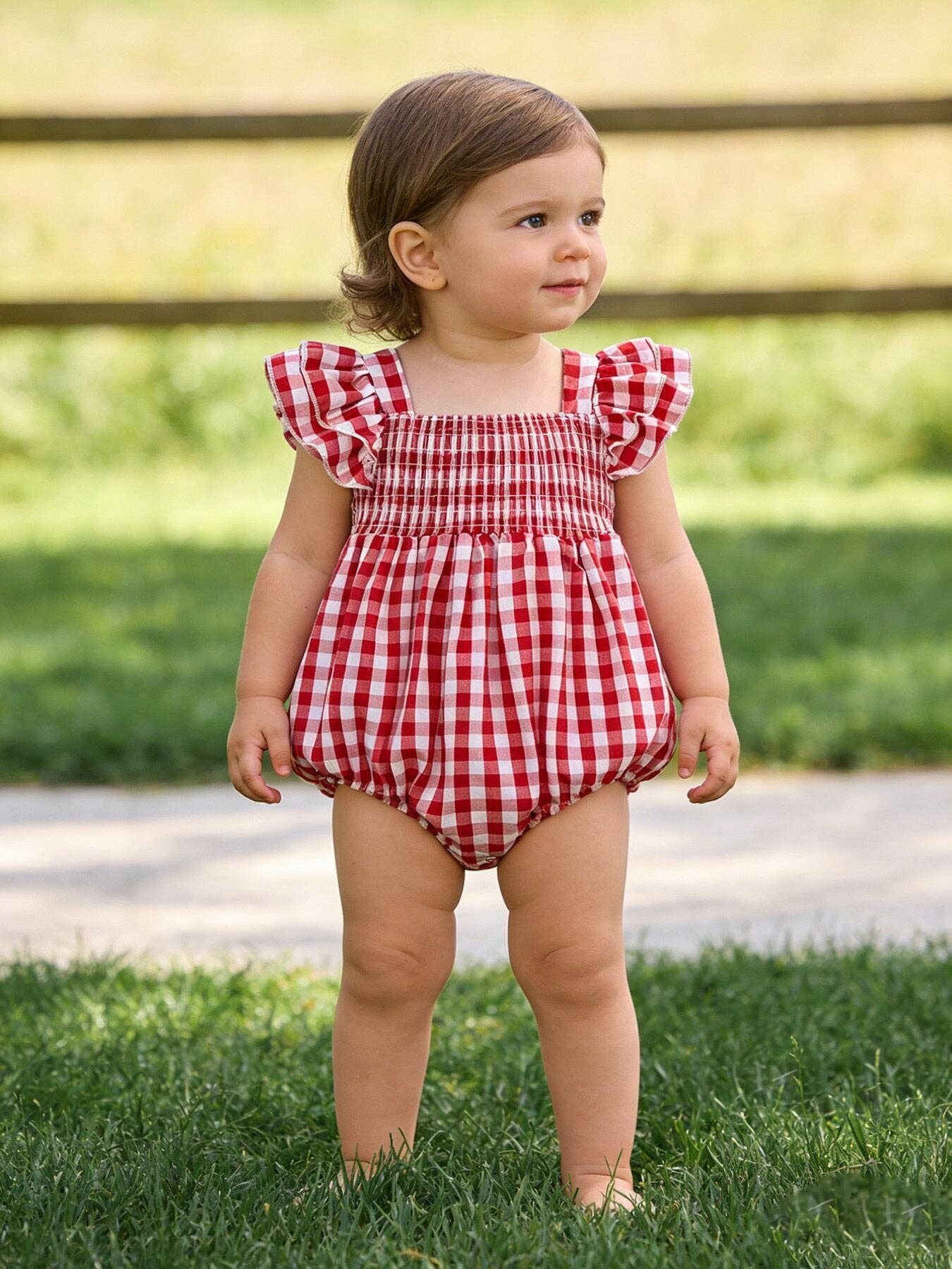 Red Gingham Smocked Ruffle Bubble