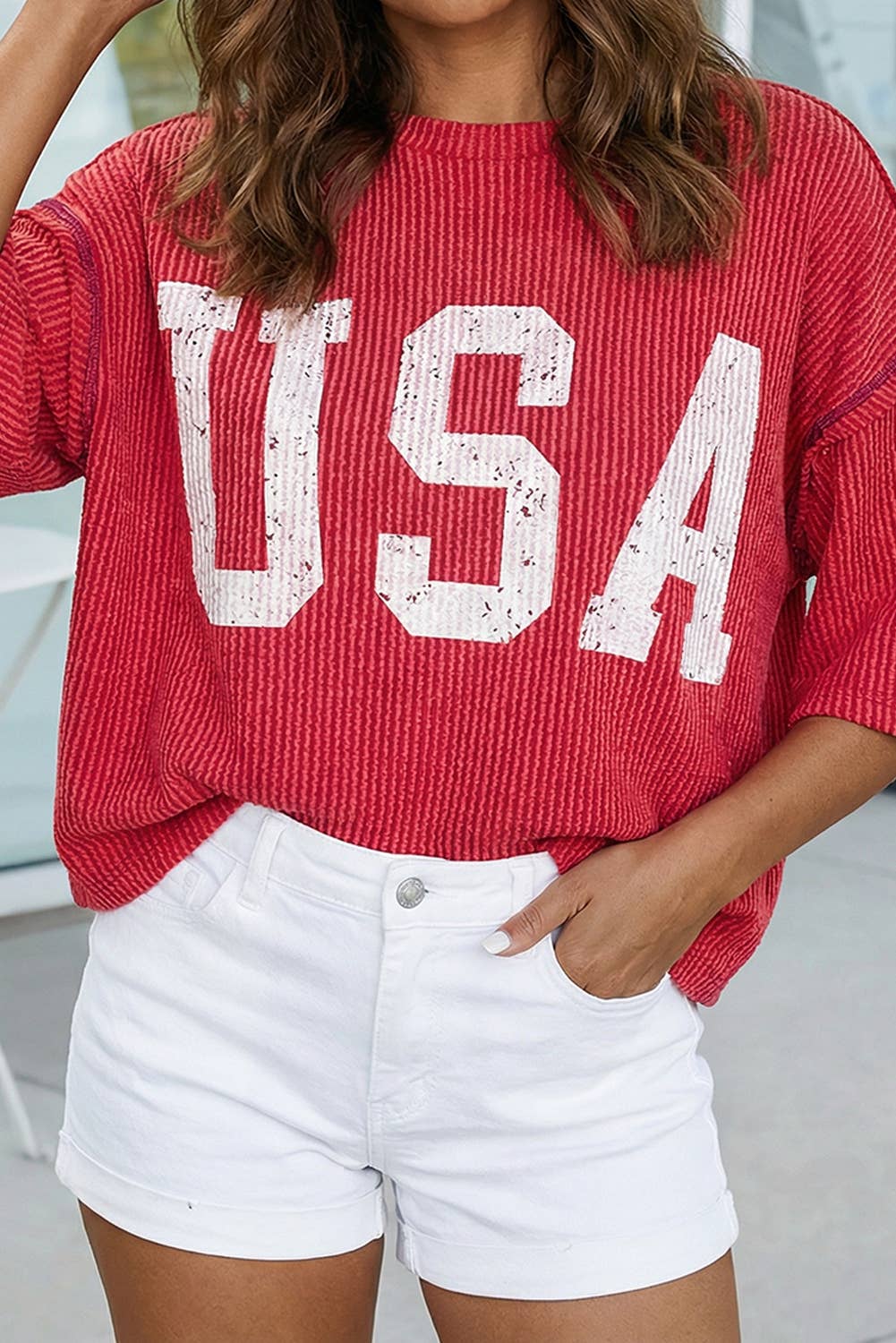 USA Graphic Half Sleeve Loose Ribbed Top