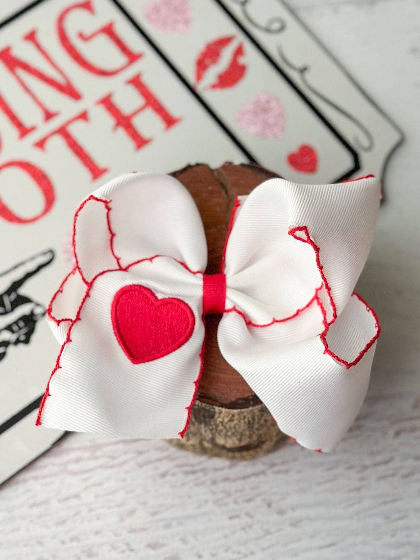 4.5" Heart Embroidered Moonstitch Hair Bow Headbands