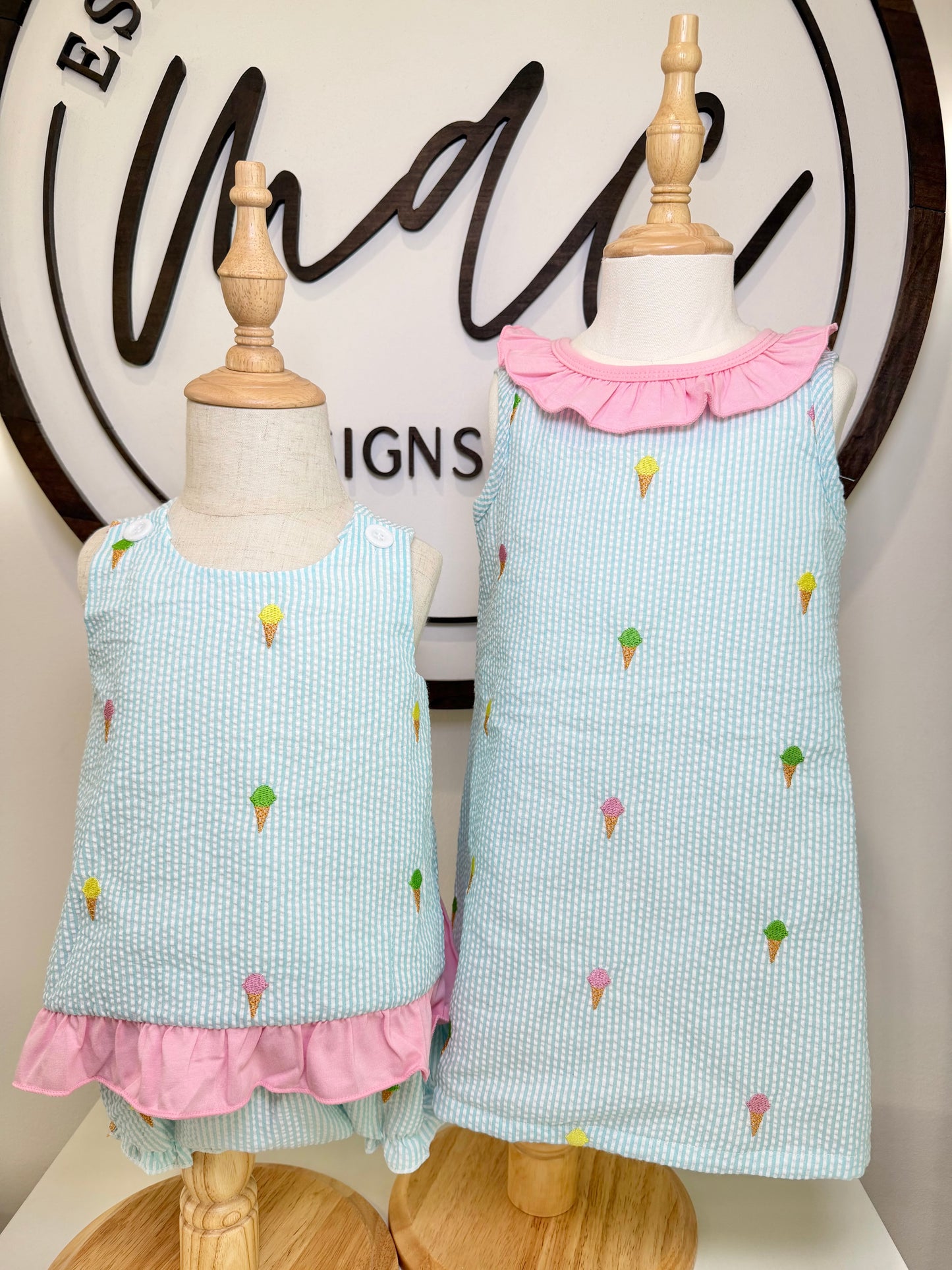 Ice Cream Embroidered Seersucker Bloomer Set
