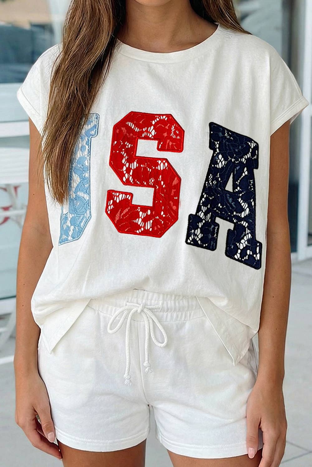 USA Faux Lace Appliqué Dolman Tee