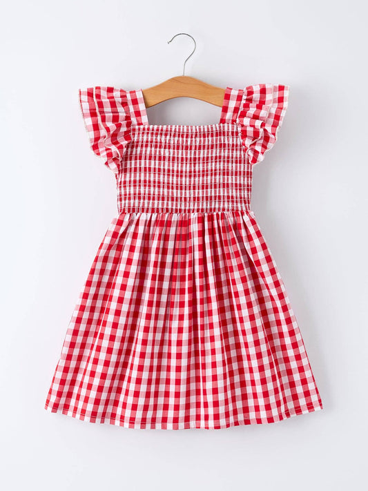 Red Gingham Smocked Ruffle Dress