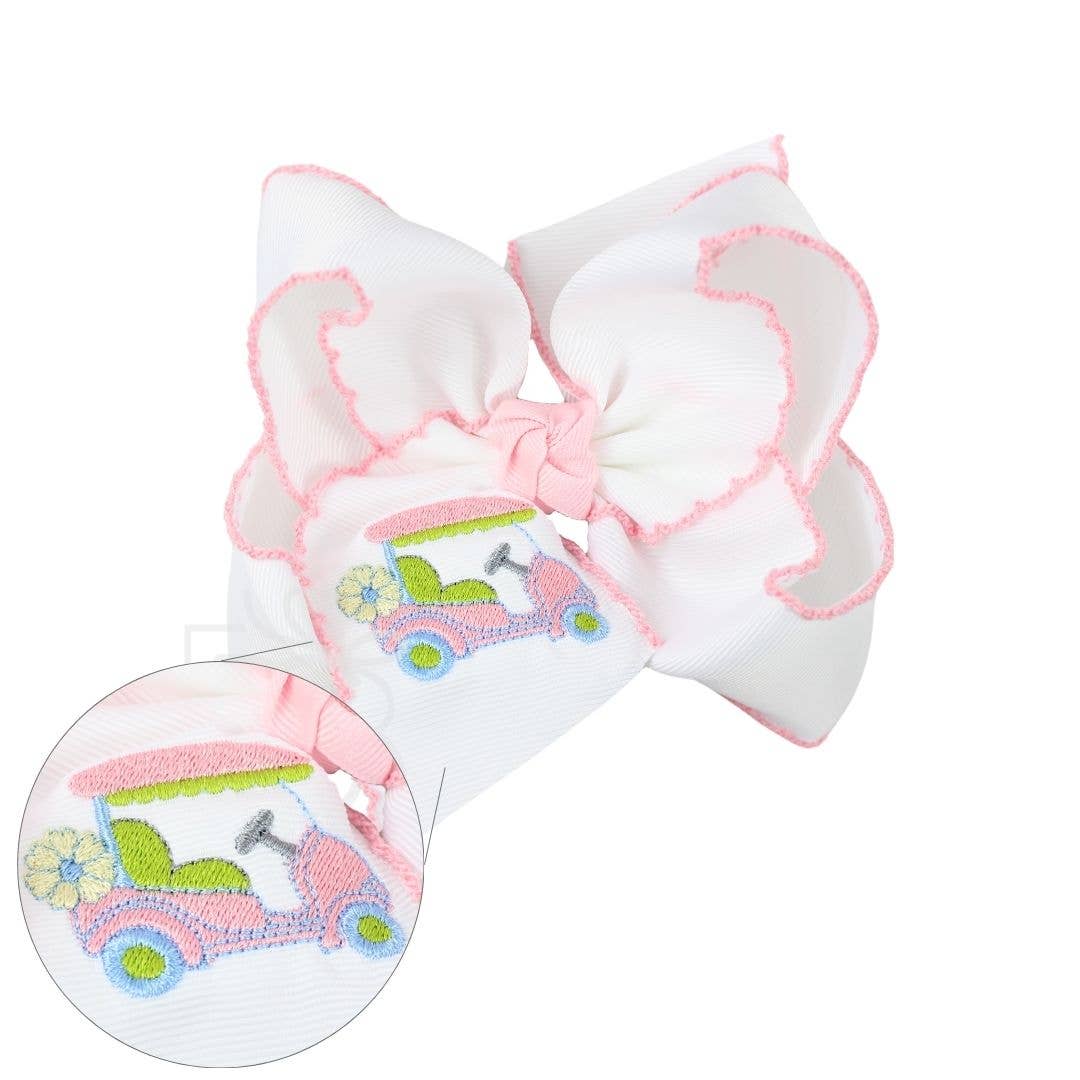 4.5" Embroidered Golf Cart Crochet Edge Hair Bow