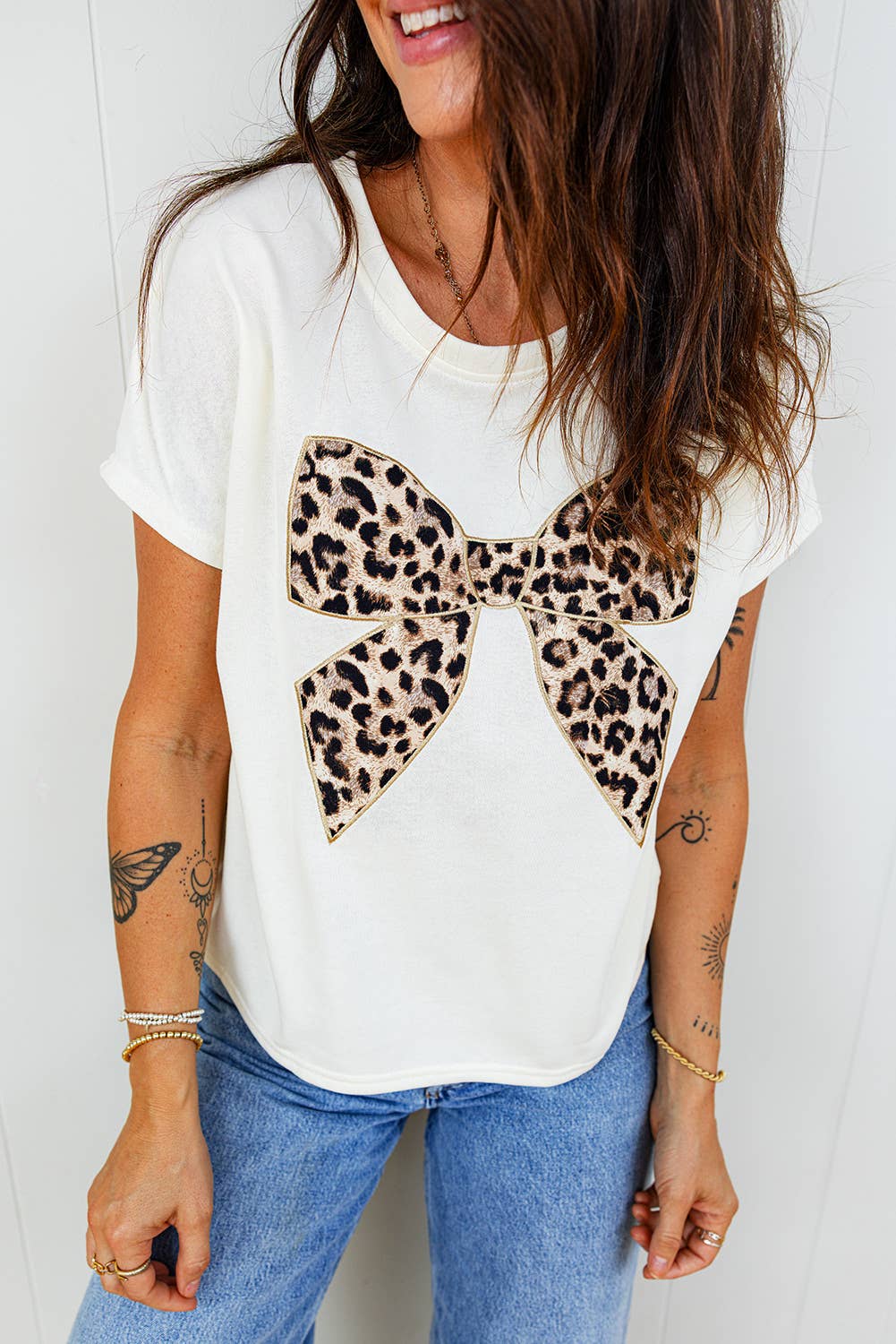 Leopard Bow Embroidered T-Shirt