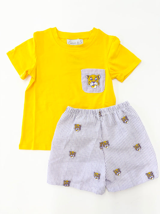 Tigers Embroidered Seersucker Pocket Shorts Set