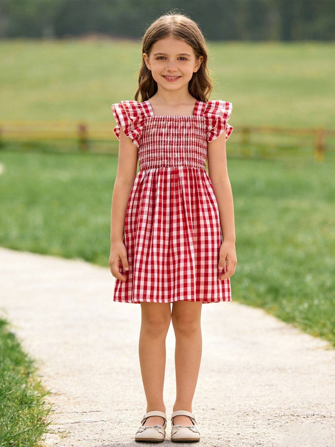 Red Gingham Smocked Ruffle Dress