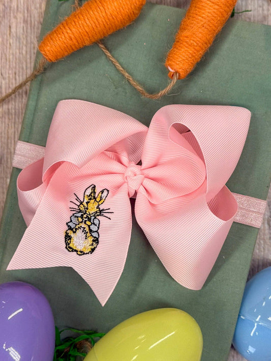 4.5" Peter Cottontail Embroidered Light Pink Bow Headband
