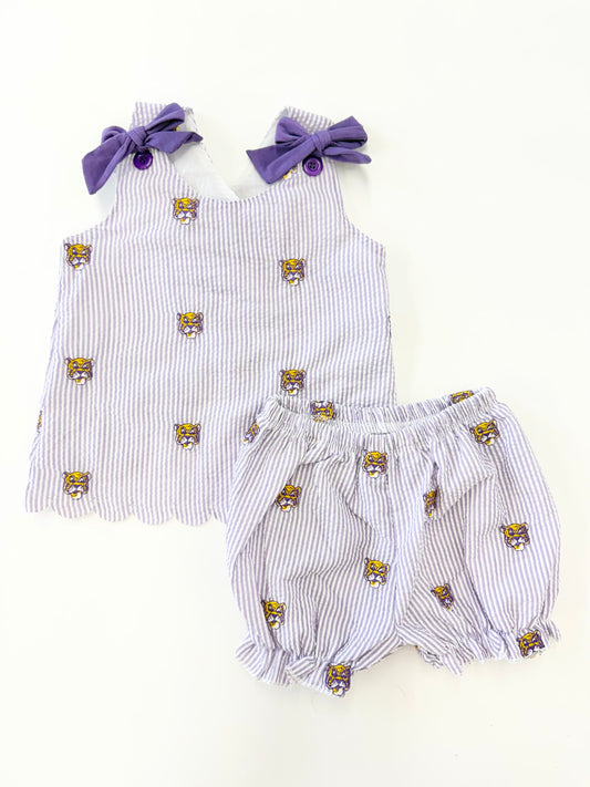 Tigers Embroidered Seersucker Bloomer Set