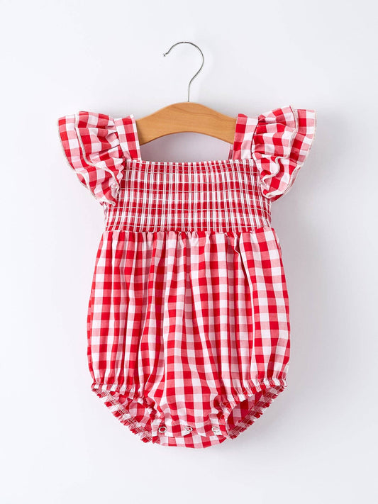 Red Gingham Smocked Ruffle Bubble
