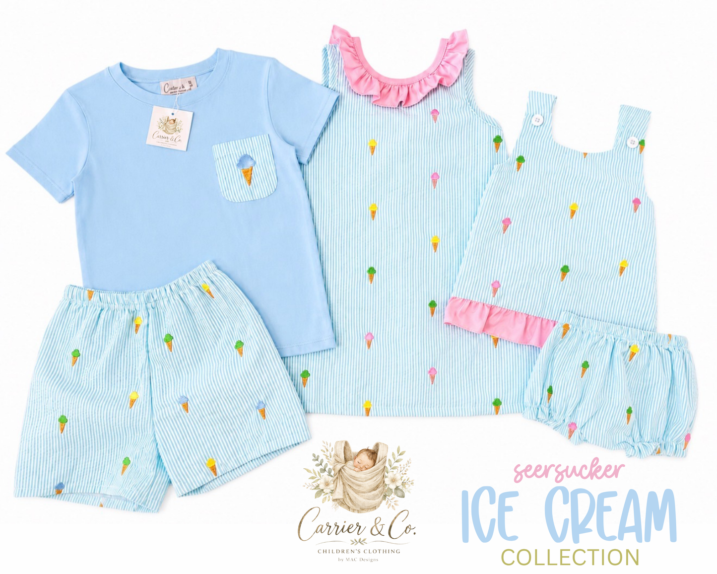 Ice Cream Embroidered Seersucker Bloomer Set