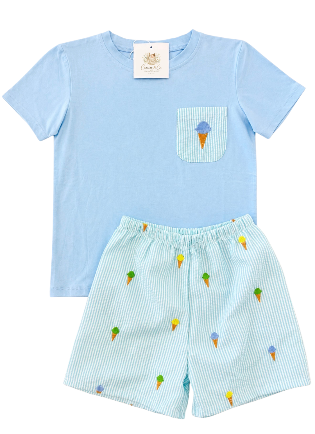 Ice Cream Embroidered Seersucker Shorts Set
