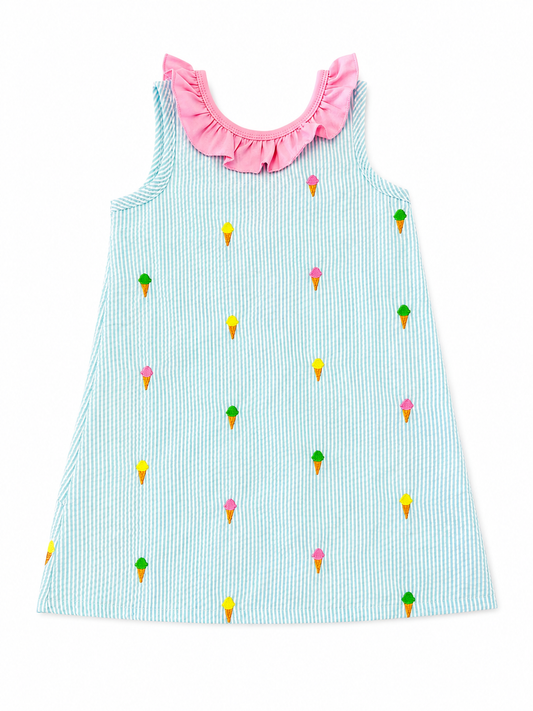 Ice Cream Embroidered Seersucker Dress