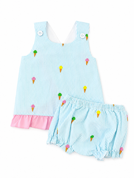 Ice Cream Embroidered Seersucker Bloomer Set