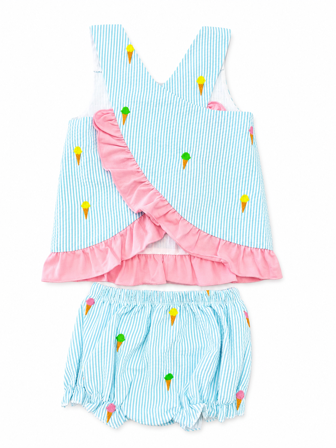 Ice Cream Embroidered Seersucker Bloomer Set