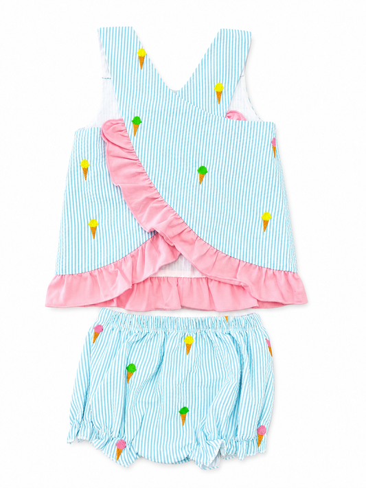 Ice Cream Embroidered Seersucker Bloomer Set