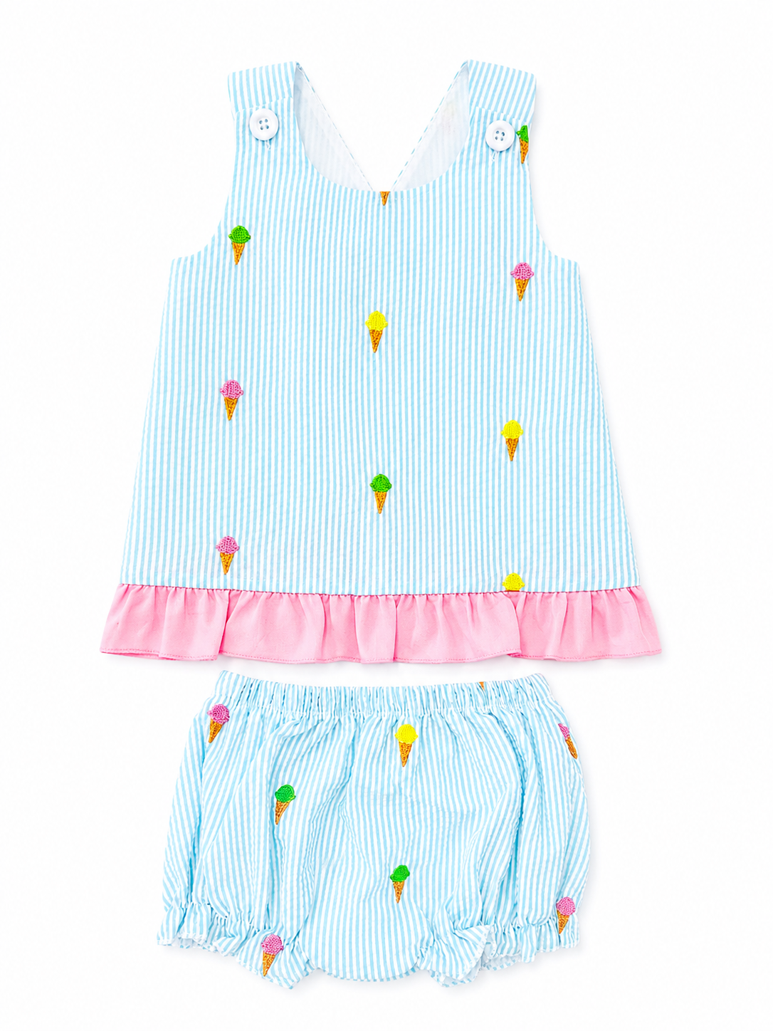 Ice Cream Embroidered Seersucker Bloomer Set