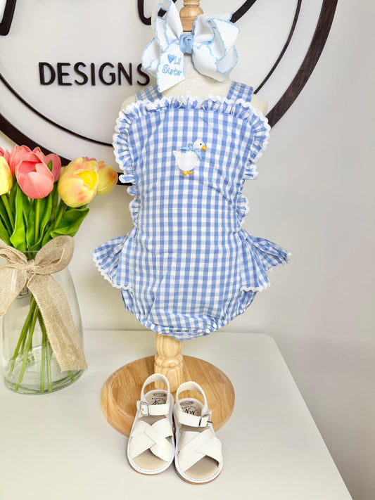 Blue Gingham Goose Lace Bow Ruffle Romper