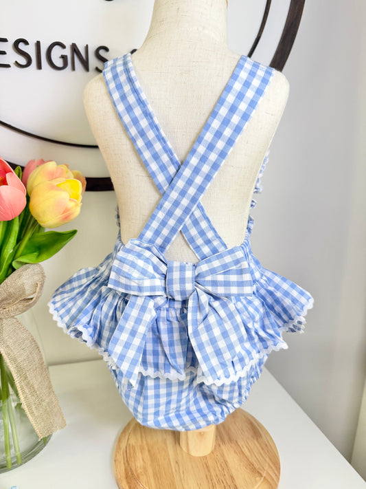 Blue Gingham Goose Lace Bow Ruffle Romper