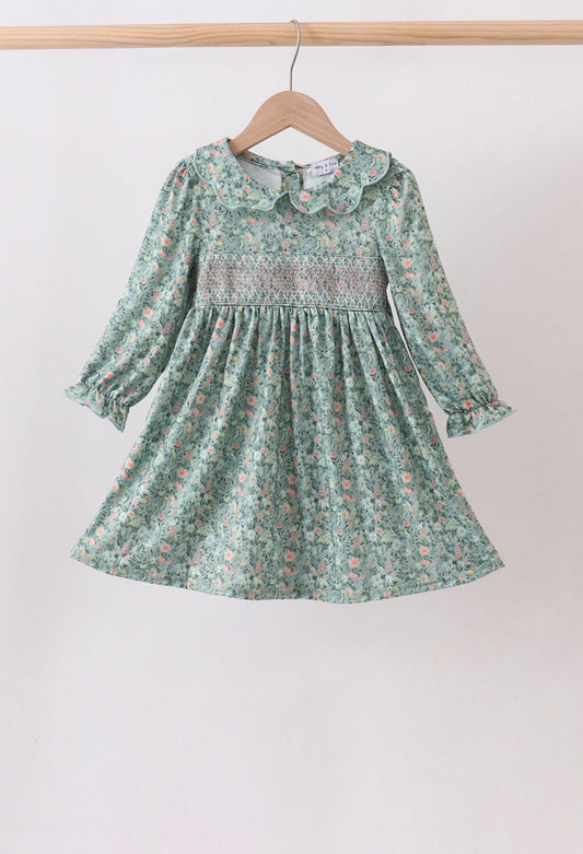 Green Floral Smocked Dress