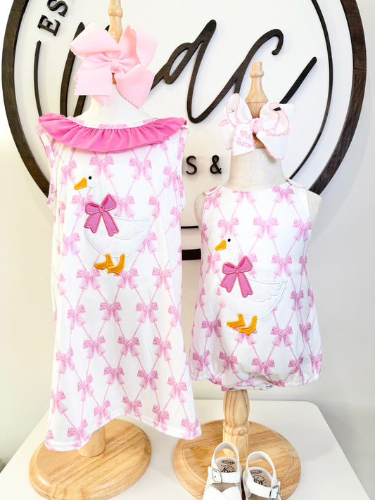 Pink Goose Appliqué Bow Dress