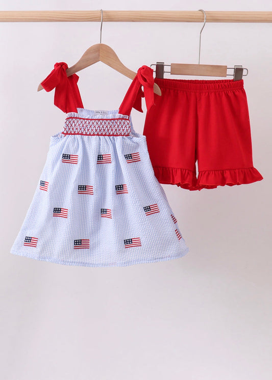 Flag Seersucker Smocked Shorts Set