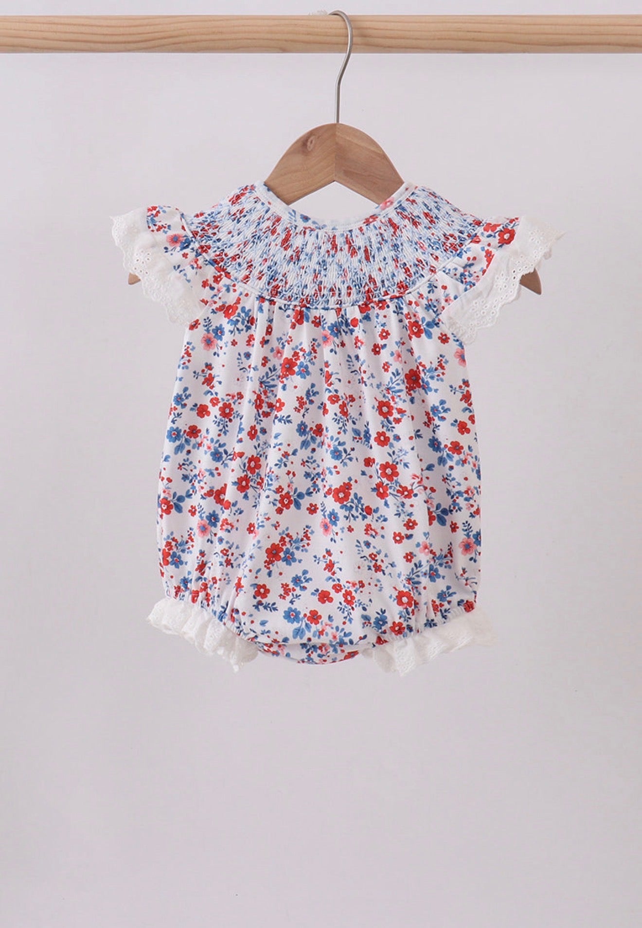 Patriotic Floral Lace Smocked Bubble
